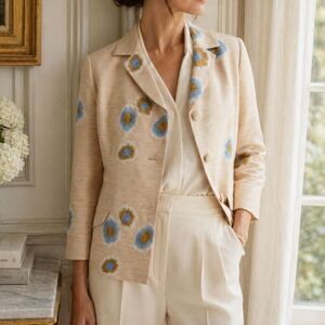 Tocca Silk Blend Embroidered Floral Blazer 10 Beige Blue Anthropologie Coquette